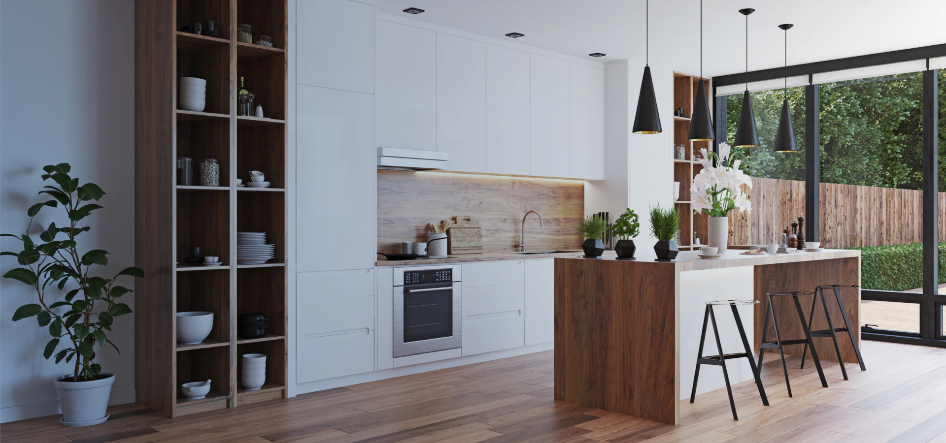 modern minimal kitchen with wooden cabinets and flooring
